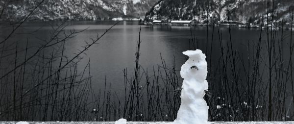 mountains, lake, snowman Wallpaper 2560x1080