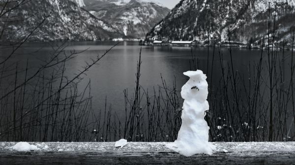 mountains, lake, snowman Wallpaper 1600x900
