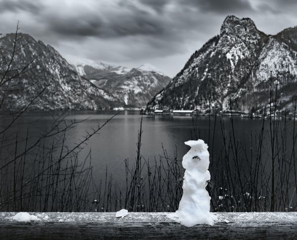 mountains, lake, snowman Wallpaper 5300x4285