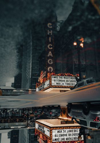 street photography theater street puddle reflection metropolis city office building downtown chicago Wallpaper 1640x2360