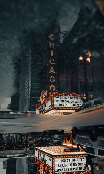 street photography theater street puddle reflection metropolis city office building downtown chicago Wallpaper 1200x2000