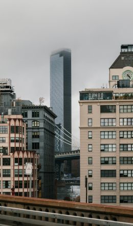 Dambo, Brooklyn, New York, USA Dumbo Brooklyn new United States of America street photography Dumbo Brooklyn foggy real estate description Dumbo bridge fog architectural Manhattan bridge skyscraper city Wallpaper 600x1024