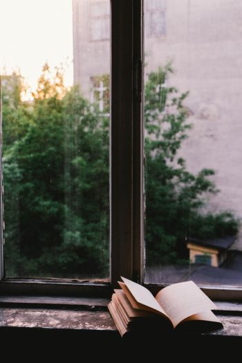 book, window view, thoughts, minimalism Wallpaper 640x960