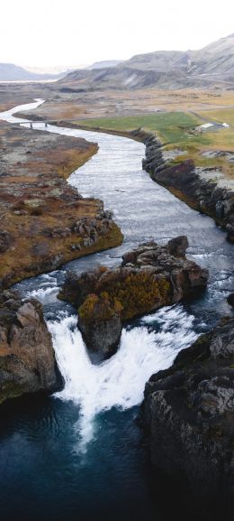 river, waterfall, road, drone view Wallpaper 1080x2400