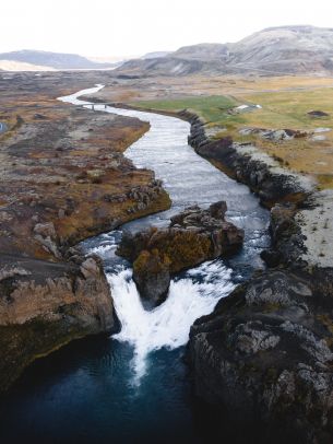 river, waterfall, road, drone view Wallpaper 1668x2224