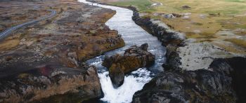river, waterfall, road, drone view Wallpaper 2560x1080