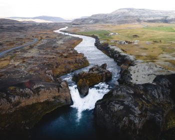 river, waterfall, road, drone view Wallpaper 1280x1024