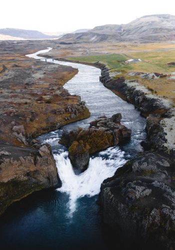river, waterfall, road, drone view Wallpaper 1668x2388