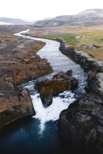 river, waterfall, road, drone view Wallpaper 640x960