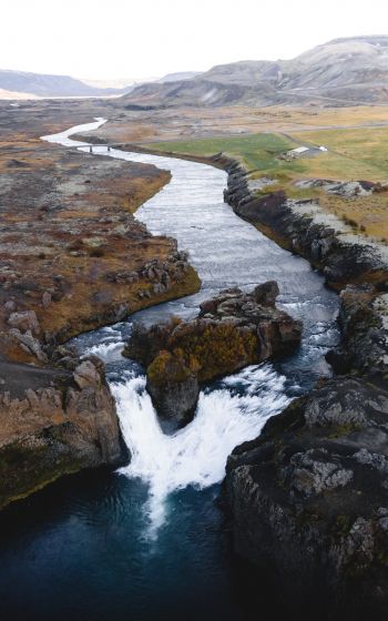 river, waterfall, road, drone view Wallpaper 800x1280