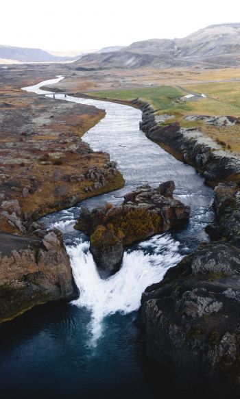 Обои 1200x2000 река, водопад, дорога, вид с дрона