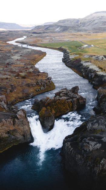 river, waterfall, road, drone view Wallpaper 1440x2560