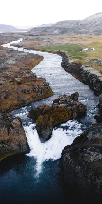 river, waterfall, road, drone view Wallpaper 720x1440