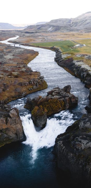 river, waterfall, road, drone view Wallpaper 1080x2220