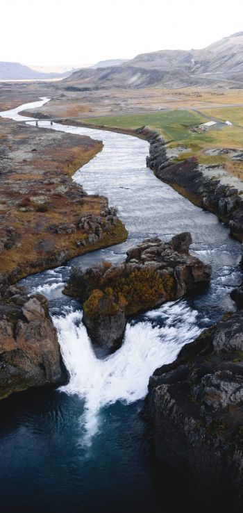 river, waterfall, road, drone view Wallpaper 720x1520