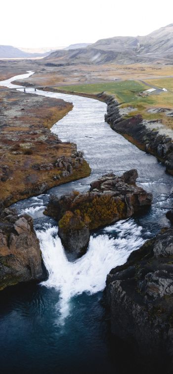 river, waterfall, road, drone view Wallpaper 1242x2688