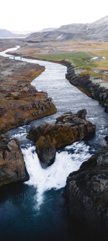 river, waterfall, road, drone view Wallpaper 720x1600