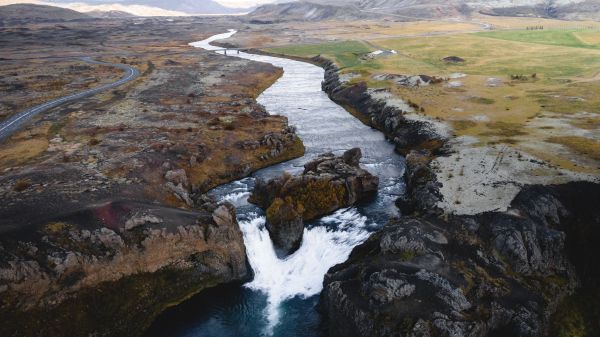 river, waterfall, road, drone view Wallpaper 1600x900