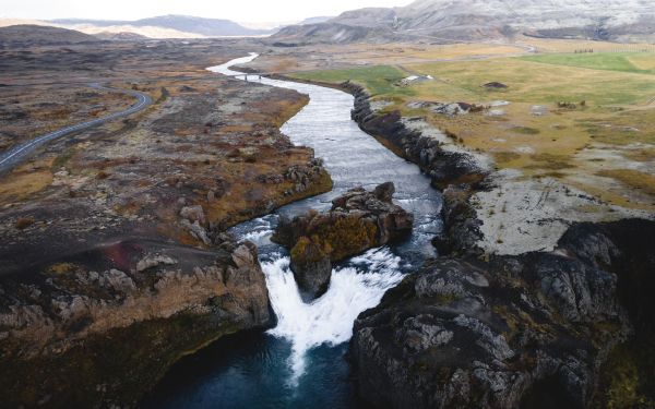 river, waterfall, road, drone view Wallpaper 1920x1200