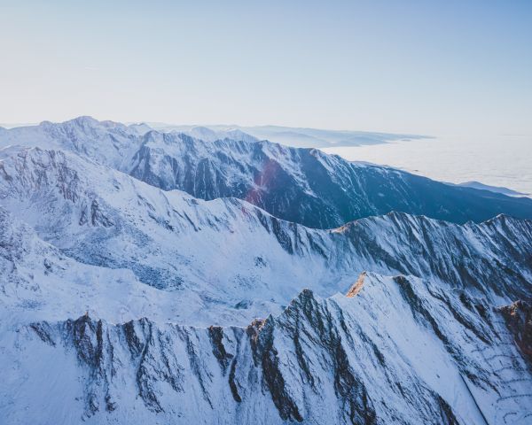 snow in the mountains, mountains, winter, drone view Wallpaper 1280x1024