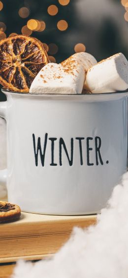 winter, marshmallows, mug, cocoa, cover, lights Wallpaper 1242x2688