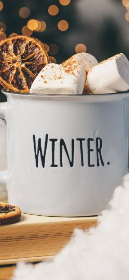 winter, marshmallows, mug, cocoa, cover, lights Wallpaper 1080x2340