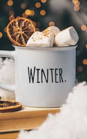 winter, marshmallows, mug, cocoa, cover, lights Wallpaper 1752x2800