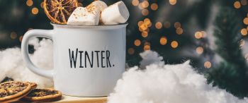 winter, marshmallows, mug, cocoa, cover, lights Wallpaper 3440x1440