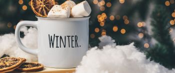 winter, marshmallows, mug, cocoa, cover, lights Wallpaper 2560x1080