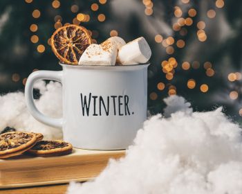 winter, marshmallows, mug, cocoa, cover, lights Wallpaper 1280x1024