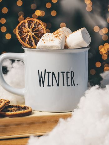 winter, marshmallows, mug, cocoa, cover, lights Wallpaper 1620x2160