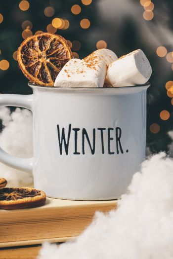 winter, marshmallows, mug, cocoa, cover, lights Wallpaper 640x960