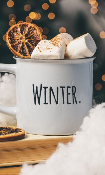 winter, marshmallows, mug, cocoa, cover, lights Wallpaper 1200x2000