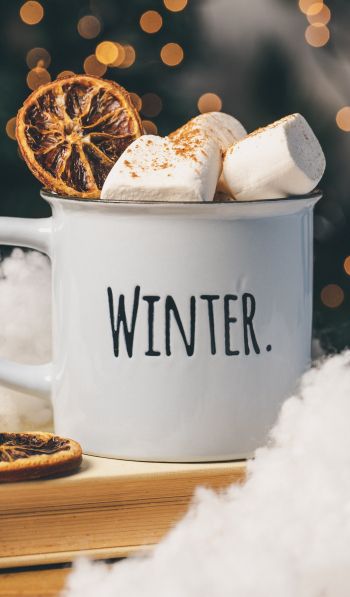winter, marshmallows, mug, cocoa, cover, lights Wallpaper 600x1024