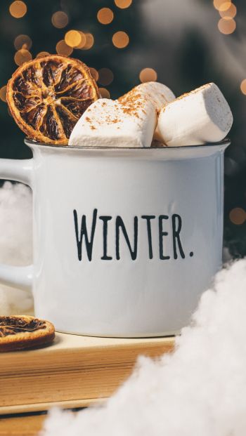 winter, marshmallows, mug, cocoa, cover, lights Wallpaper 640x1136