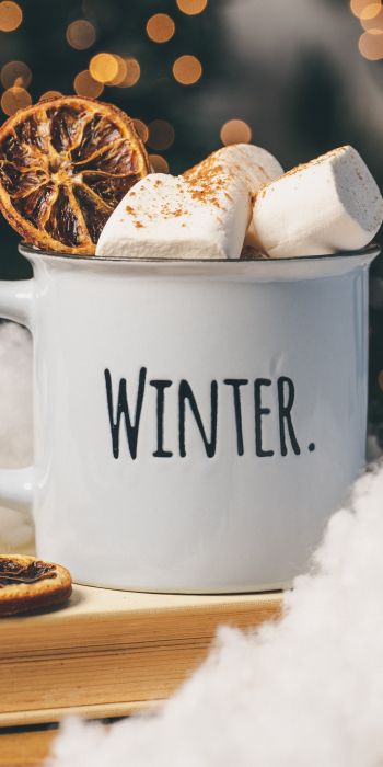 winter, marshmallows, mug, cocoa, cover, lights Wallpaper 720x1440