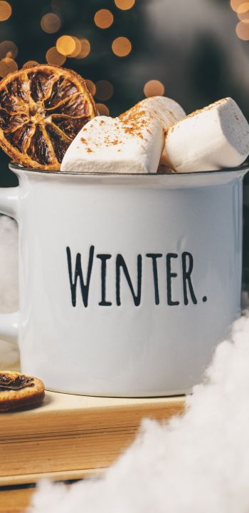 winter, marshmallows, mug, cocoa, cover, lights Wallpaper 1440x2960