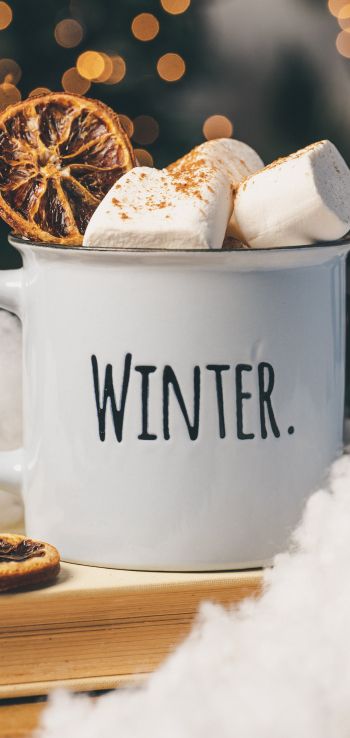 winter, marshmallows, mug, cocoa, cover, lights Wallpaper 720x1520