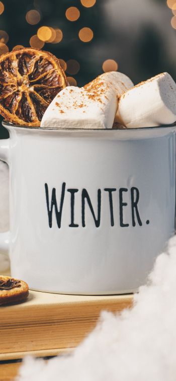 winter, marshmallows, mug, cocoa, cover, lights Wallpaper 1170x2532