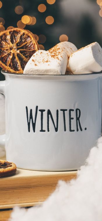 winter, marshmallows, mug, cocoa, cover, lights Wallpaper 1080x2340