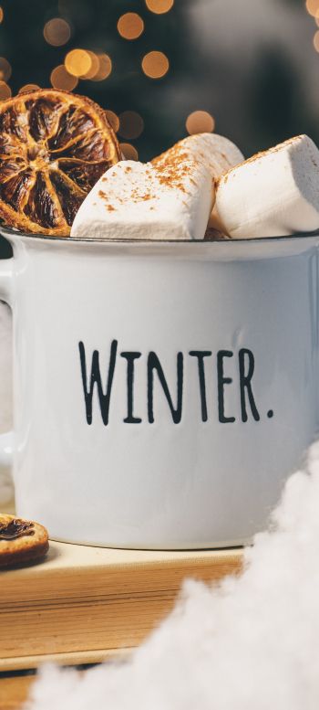 winter, marshmallows, mug, cocoa, cover, lights Wallpaper 1440x3200