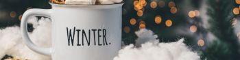 winter, marshmallows, mug, cocoa, cover, lights Wallpaper 1590x400