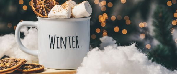 winter, marshmallows, mug, cocoa, cover, lights Wallpaper 3440x1440