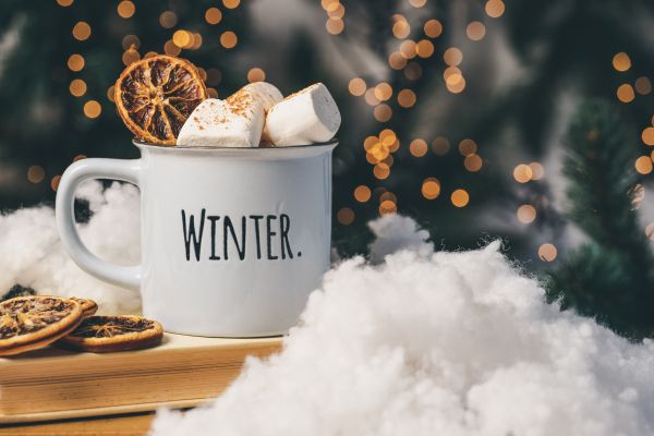 winter, marshmallows, mug, cocoa, cover, lights Wallpaper 5895x3930