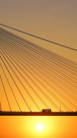 bridge, sunset, bus, road Wallpaper 750x1334