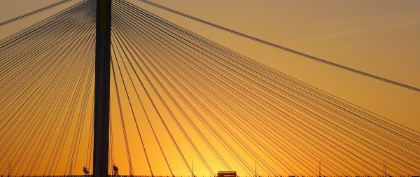 bridge, sunset, bus, road Wallpaper 2560x1080