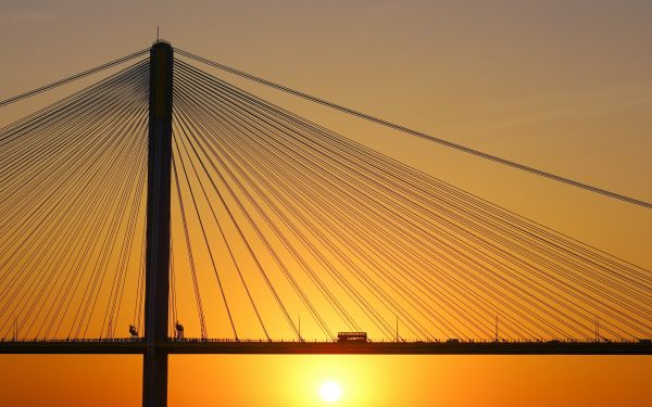 bridge, sunset, bus, road Wallpaper 2560x1600