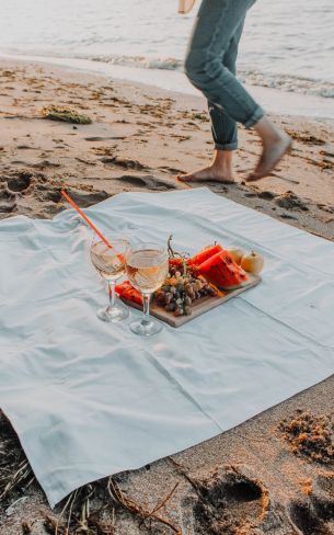 Обои 1600x2560 пикник, игристое, пляж, песок, романтика