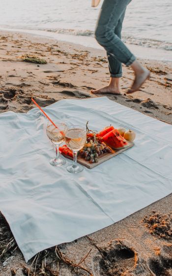 Обои 1600x2560 пикник, игристое, пляж, песок, романтика