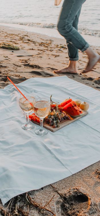 Обои 828x1792 пикник, игристое, пляж, песок, романтика